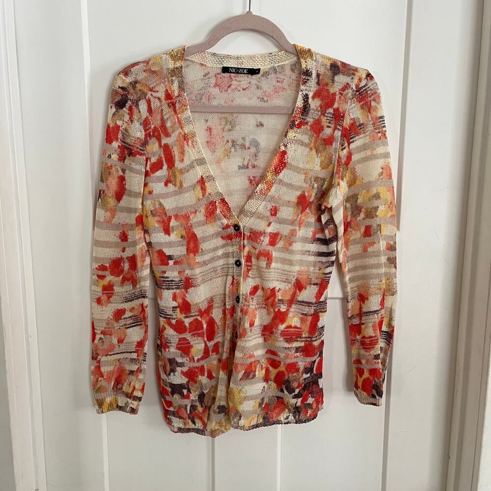 Nic + Zoe Linen Blend Cardigan Red Cream Watercolor Small